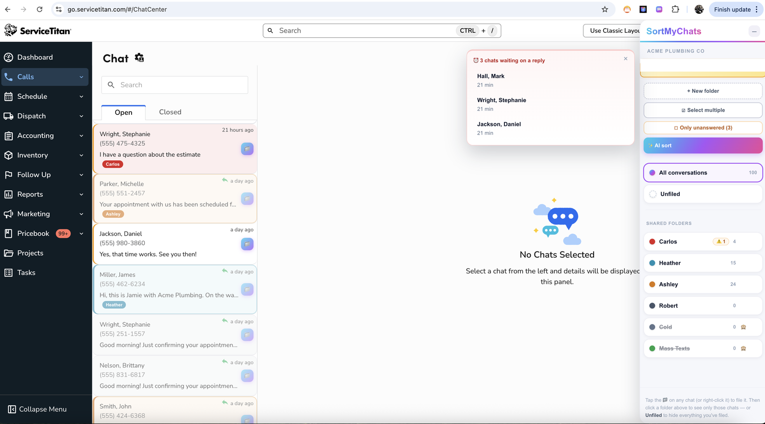 Reply-needed alert listing customers waiting on a response